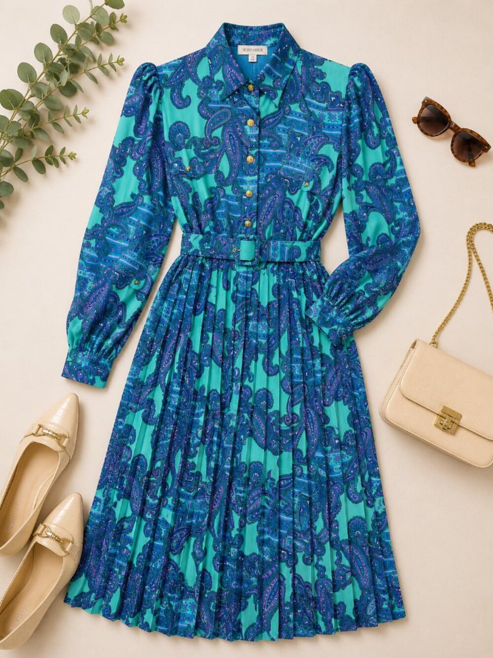 Vintage Schrader Petites 12 Teal Paisley Pleated Shirt Dress Belted 80s